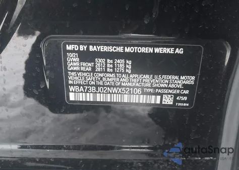 2022 BMW 540 I xDrive из США, поврежденный, VIN WBA73BJ02NWX52106